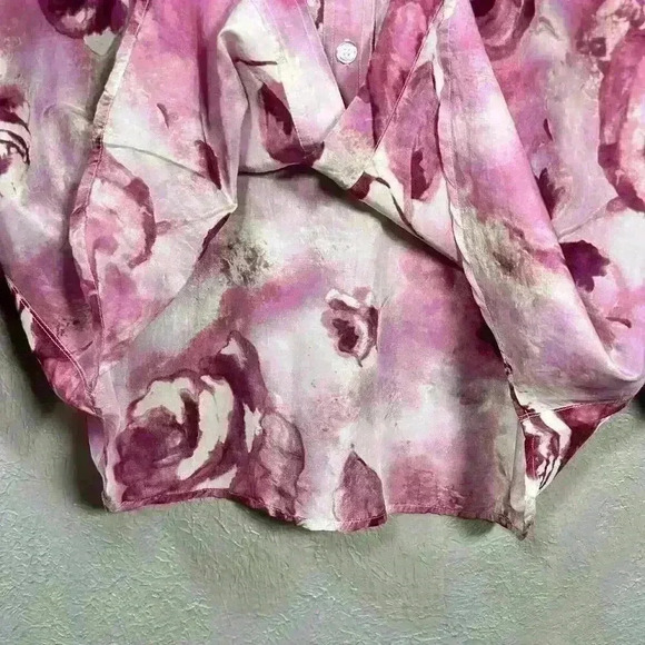 VINTAGE 90s 100% Pure Silk Pink Floral Button Up Blouse White Stitch Women Smal - Picture 8 of 11